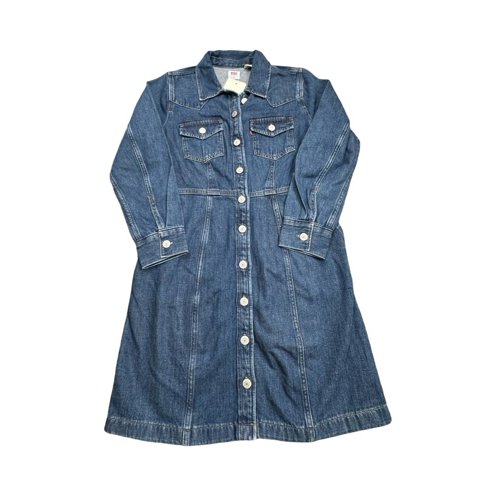 Levis Denim Dress Women Medium Blue Standard Fit Long Sleeve Button Up A75920000